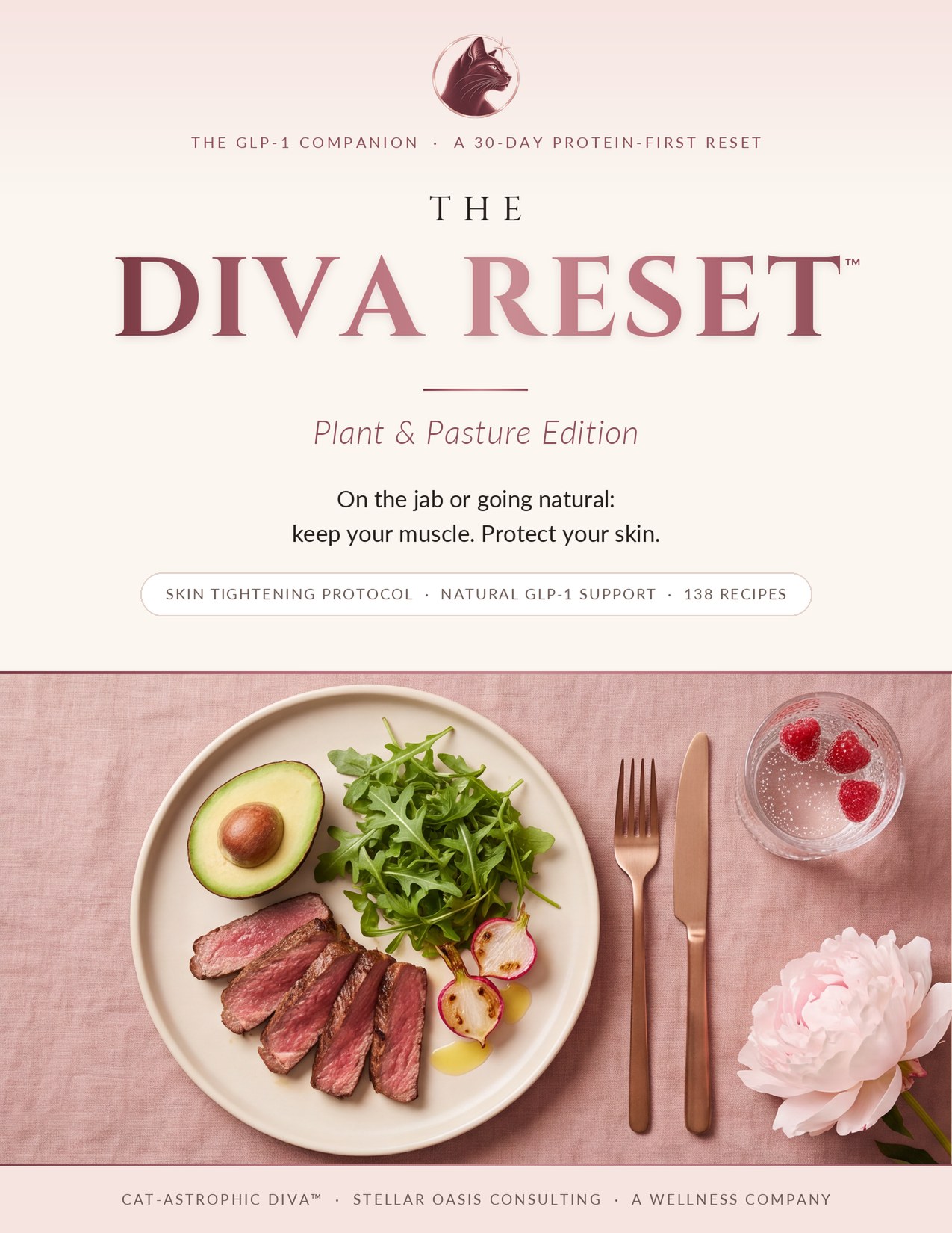 The Diva Reset Plant & Pasture Edition cover with sliced grass-fed steak, avocado and arugula on blush linen