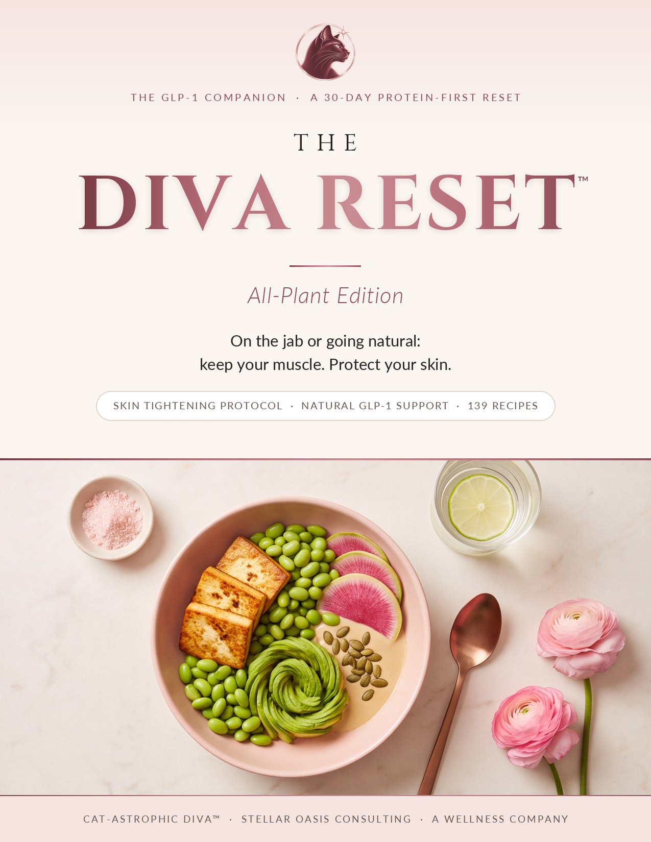 The Diva Reset All-Plant Edition cover with seared tofu, edamame and avocado in a blush bowl